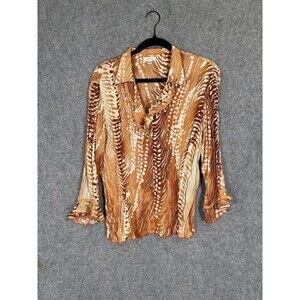 Jaipur Blouse Women Large Sheer Ruffled Top Brown V Neckline Flare‎ Sleeve Retro